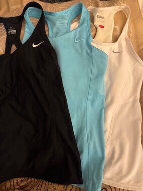 3 Nike Racerback Tank Tops - XS Black, XS Light Blue, S White